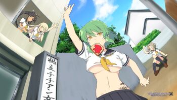 Rule 34 | 4girls, :d, ^ ^, angry, arms under breasts, ascot, black hair, black sailor collar, black skirt, black socks, blonde hair, blue sky, blunt bangs, blush, boxers, bread, bread slice, breasts, brown hair, camouflage, closed eyes, cloud, cloudy sky, copyright name, crop top, crossed arms, dark-skinned female, dark skin, dated, day, fist shaking, food, food in mouth, game cg, glasses, green eyes, green hair, groin, hair ornament, hair ribbon, hairclip, hebijo academy school uniform, hedge, high ponytail, highres, hikage (senran kagura), hip tattoo, homura (senran kagura), house, imu (senran kagura), jam, jitome, lamppost, large breasts, late for school, linea alba, loafers, logo, long hair, lowleg, lowleg skirt, male underwear, marvelous, medium hair, messy hair, miniskirt, mouth hold, multiple girls, navel, official art, open mouth, outdoors, parted bangs, plant, pleated skirt, ponytail, revealing clothes, ribbon, rimless eyewear, running, sailor collar, school, school uniform, senran kagura, senran kagura estival versus, senran kagura shinovi versus, senran kagura shoujo-tachi no shin'ei, serafuku, shirt, shoes, short hair, short sleeves, short twintails, shuriken, sitting, skirt, sky, slit pupils, smile, snake tattoo, socks, stomach, tan, tattoo, toast, toast in mouth, torn clothes, torn shirt, translation request, tree, twintails, underwear, very long hair, waving, weapon, white ribbon, white serafuku, window, yaegashi nan, yellow ascot, yellow eyes, yomi (senran kagura)