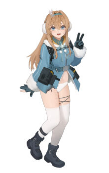 Rule 34 | 1girl, absurdres, asymmetrical gloves, black boots, blonde hair, blue eyes, blue hairband, blue jacket, boots, burnt clothes, commentary, earmuffs, english commentary, full body, fur-trimmed jacket, fur trim, girls' frontline, girls' frontline 2: exilium, gloves, hairband, highres, jacket, kir (khw66136132), lace-up boots, looking at viewer, navel, open mouth, panties, partially fingerless gloves, simple background, snowflakes, solo, standing, stomach, suomi (girls' frontline), suomi (girls' frontline 2), sweatdrop, teeth, thighhighs, underwear, upper teeth only, v, white background, white panties, white thighhighs