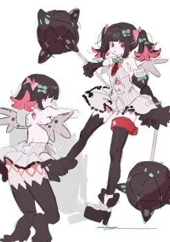 1girl bare_shoulders black_hair bow green_bow green_eyes hair_bow hair_ornament halo highres looking_at_viewer multicolored_hair necktie open_mouth pink_hair red_eyes rokudu_sariel shirt siomimi solo thighhighs too_many_bows twintails zenless_zone_zero