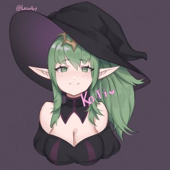 1girl alternate_costume bare_shoulders black_background black_hat breasts cleavage commission detached_collar fire_emblem fire_emblem_awakening green_eyes green_hair hair_ornament hat highres jewelry ko-fi_commission lesu long_hair looking_at_viewer medium_breasts nintendo pointy_ears side_ponytail sidelocks simple_background smile solo tiki_(adult)_(fire_emblem) tiki_(fire_emblem) twitter_username witch_hat