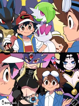 3boys 4girls artist_name ash_ketchum bare_shoulders baseball_cap beelstarmon black_hair blonde_hair blue_eyes blue_jacket blue_vest bongftah breasts brown_eyes brown_hair cropped_jacket crossover demon_girl digimon digimon_(creature) digimon_adventure_02 digivice female_protagonist_(pokemon_pokopia) fingerless_gloves gardevoir gen_3_pokemon gen_4_pokemon gloves goggles goggles_on_head hand_on_own_hip hands_on_another&#039;s_shoulders hat highres holding holding_poke_ball horns jacket large_breasts licking_lips lilithmon long_hair looking_at_another lucario mask medium_hair mega_gardevoir mega_pokemon multiple_boys multiple_girls navel nintendo pointy_ears poke_ball pokemon pokemon_(anime) pokemon_journeys pokemon_pokopia red_eyes sharp_teeth short_sleeves smile teeth tongue tongue_out underboob vest yagami_taichi