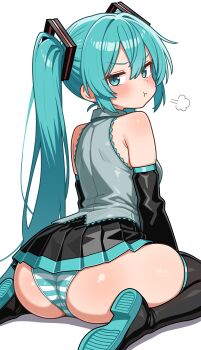 1girl absurdres ass black_skirt blush boots detached_sleeves grey_shirt hatsune_miku highres long_hair looking_at_viewer panties pout shiguren_39 shirt sitting skirt sleeveless solo striped_clothes striped_panties thigh_boots thighhighs twintails underwear vocaloid wariza white_background
