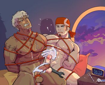 2boys abs alarm_clock bandana bara bdsm beard bed billy_(gyee) blue_eyes bondage bound brown_hair clock cloud cloudy_sky creed_(gyee) cum cum_on_body dark_skin disembodied_hand ejaculation erection facial_hair feet_out_of_frame grey_hair gyee highres jewelry large_pectorals male_focus manly mature_male multiple_boys muscular muscular_arms muscular_male necklace nipples on_bed one_eye_closed pectorals penis shibari sky sounding_rod spiked_hair stc_kw sunset tattoo testicles thick_eyebrows thighs tools toothpaste window yaoi yellow_eyes