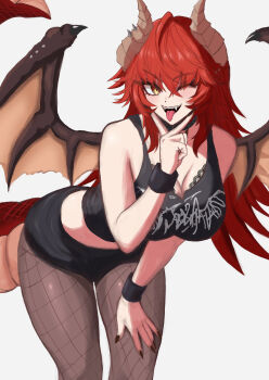 1girl absurdres black_nails black_pantyhose black_shirt black_skirt breasts cleavage commentary dragon_girl dragon_horns dragon_tail fangs highres horns indie_virtual_youtuber large_breasts long_hair looking_at_viewer meibin nail_polish one_eye_closed open_mouth pantyhose shirt skirt solo tail tongue tongue_out virtual_youtuber yellow_eyes zentreya zentreya_(dragon) zentreya_(dragon)_(metalheads)