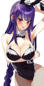 1girl absurdres alternate_costume animal_ears arm_behind_head armpit_crease armpits arms_up bare_shoulders black_bow black_bowtie blunt_bangs blush bow bowtie braid breasts cleavage collarbone commentary detached_collar earrings embarrassed english_commentary fake_animal_ears formal_clothes genshin_impact goro_desu happy head_tilt highres huge_breasts jewelry long_braid looking_at_viewer looking_to_the_side mole mole_under_eye multicolored_hair nose_blush open_mouth pantyhose playboy_bunny purple_eyes purple_hair rabbit_ears raiden_shogun simple_background single_braid single_earring smile solo standing streaked_hair suit thigh_gap thighs upper_body white_background wrist_cuffs