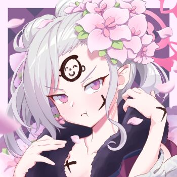 Rule 34 | 1girl, :t, argyle background, blue archive, blurry, blush, border, character print, closed mouth, collarbone, commentary, depth of field, doodle sensei (blue archive), double bun, english commentary, falling petals, floating hair, flower, forehead, fur-trimmed kimono, fur trim, grey hair, hair bun, hair flower, hair ornament, halo, hands up, highres, ink on face, japanese clothes, kimono, leaf hair ornament, long hair, long sleeves, looking at viewer, mutsuki (blue archive), mutsuki (new year) (blue archive), official alternate costume, official alternate hairstyle, outside border, petals, pink flower, pink halo, pointy ears, portrait, pout, purple background, purple eyes, sensei (blue archive), simple background, solo, split mouth, tea ramisu, v-shaped eyebrows, white border, white kimono, wide sleeves