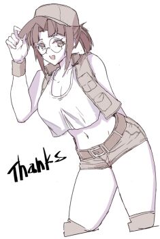 Rule 34 | belt, brown eyes, brown hair, commentary, crop top, field cap, fio germi, glasses, hat, knee pads, madsensei, metal slug, military, ponytail, round eyewear, smile, solo, symbol-only commentary, white background