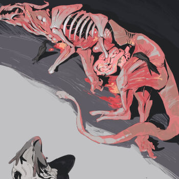 animal animal_focus animal_skeleton bird bleeding blood blood_on_body blood_on_ground commentary crow death demon_horns disembowelment drop_shadow english_commentary exposed_bone exposed_fat exposed_heart exposed_muscle fat grey_background guro highres horns intestines lying monster no_humans on_ground on_side original ribs skinned skull tail two-tone_background wofwofcrocodile