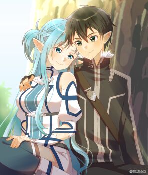 1boy 1girl artist_name asuna_(sao) asuna_(sao-alo) bare_shoulders belt black_belt black_hair black_jacket black_pants blue_eyes blue_hair blue_sleeves blue_thighhighs blue_trim boots braid closed_mouth collared_dress collared_jacket commentary_request couple curvy detached_sleeves dress fur-trimmed_jacket fur_trim grey_eyes grey_trim half_up_half_down_braid hand_on_another's_shoulder hand_on_own_thigh hetero high-waist_belt high_collar highres jacket kirito kirito_(sao-alo) knee_boots large_bag light_blush long_dress long_hair long_pointy_ears long_sidelocks long_sleeves looking_at_another messy_hair on_ground outdoors pants pointy_ears sidelocks sitting sleeveless sleeveless_dress smile straight_hair sword_art_online thick_thighs thighhighs thighs tree tu_tora2 twitter_username underbust watermark white_boots white_fur zettai_ryouiki