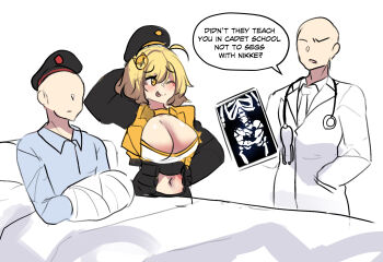 1girl 1koma 2boys ahoge anis_(nikke) arm_behind_head bald bed beret blonde_hair breasts cast cleavage clothing_cutout comic commander_(nikke) commentary doctor english_commentary english_text faceless faceless_male goddess_of_victory:_nikke hair_ornament hat highres hinghoi hospital hospital_bed hospital_gown huge_breasts meme multiple_boys navel navel_cutout seggs_(meme) short_hair simple_background sketch snu-snu solo stethoscope stomach tehepero white_background x-ray_film