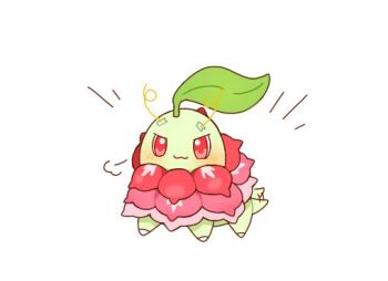 :3 all_fours blush chikorita closed_mouth colored_skin commentary cosplay fake_antennae flower full_body gen_2_pokemon green_skin kurumi_dangoo leaf leaf_on_head looking_at_viewer mega_meganium mega_meganium_(cosplay) meganium neck_flower nintendo no_humans pink_flower pokemon pokemon_(creature) pokemon_focus puff_of_air red_eyes red_flower simple_background solo v-shaped_eyebrows white_background white_flower