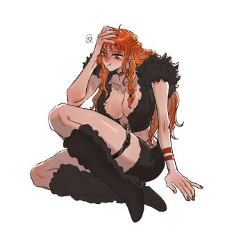 1girl arm_support black_skirt blush boots braid breasts brown_eyes cape cleavage closed_mouth collarbone fur_boots fur_cape gold_necklace hand_on_own_head highres large_breasts long_hair mcbuckwheat midriff nami_(one_piece) nami_(one_piece)_(elbaf) necklace one_piece orange_hair pout red_nails simple_background skirt solo squiggle thigh_strap white_background