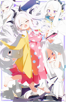 1girl :d absurdres barefoot black_horns blue_archive blue_sailor_collar bm_tol cardigan cellphone closed_eyes commentary constricted_pupils cosplay demon_girl demon_horns demon_wings dress grin highres hina_(blue_archive) hina_(pajamas)_(blue_archive) holding holding_phone horns long_hair long_sleeves miniskirt multiple_views neckerchief official_alternate_costume one_eye_closed open_mouth pajamas parted_lips phone pink_dress pink_pajamas pleated_skirt polka_dot polka_dot_dress polka_dot_pajamas purple_eyes purple_wings sailor_collar sailor_shirt shirt single_bare_foot skirt sleeveless sleeveless_shirt slippers smartphone smile toes trinity_general_school_logo trinity_student_(blue_archive) trinity_student_(blue_archive)_(cosplay) white_hair white_shirt white_skirt wings yellow_cardigan yellow_neckerchief