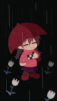 1girl animated animated_gif arm_at_side black_background black_socks braid brown_hair clenched_hand closed_eyes closed_mouth cryptidhermit flower full_body highres holding holding_umbrella long_hair long_sleeves looping_animation madotsuki no_mouth pink_sweater pleated_skirt purple_skirt rain red_footwear red_umbrella skirt socks solo sweater tulip twin_braids umbrella white_flower white_tulip yume_nikki