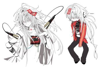 1girl android bomb cable colored_eyelashes colored_sclera dmdrk_(ha_ha) dynamite explosive grey_hair grey_sclera hand_on_own_chest highres jacket long_hair looking_at_viewer multiple_views original red_jacket simple_background time_bomb very_long_hair white_background white_eyes