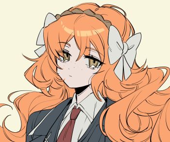 Rule 34 | 1girl, absurdres, black jacket, bow, bow hairband, brown eyes, brown hairband, closed mouth, freckles, frown, grey background, hairband, highres, ishmael (project moon), jacket, lapels, limbus company, long hair, looking at viewer, necktie, orange hair, portrait, project moon, red necktie, shirt, simple background, solo, tachibana limbu, wavy hair, white bow, white shirt, wing collar