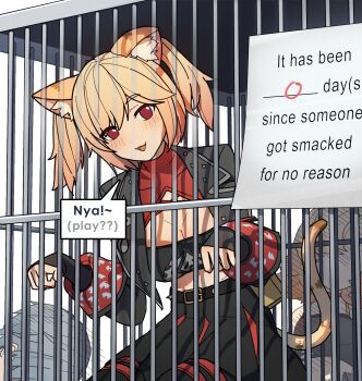 1boy 2girls animal_ears black_jacket black_skirt blonde_hair breasts burnice_white cage cat_ears cat_girl cat_tail cleavage commentary dorahdew english_commentary grey_hair highres jacket large_breasts multiple_girls open_clothes paw_pose piper_wheel pleated_skirt red_eyes short_hair short_twintails skirt strapless tail tube_top twintails wise_(zenless_zone_zero) zenless_zone_zero