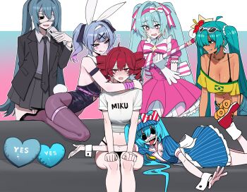 6+girls absurdres animal_ears annoyed aqua_hair bare_shoulders blunt_bangs brazilian_flag brazilian_miku breasts cellphone character_name collarbone commentary couch crop_top dress english_commentary english_text fake_animal_ears fangs gloves hair_between_eyes hatsune_miku heart highres ima_sugu_rinne_(vocaloid) kasane_teto large_breasts leotard long_hair lying magical_girl medium_breasts midriff monitoring_(vocaloid) multiple_girls on_stomach patterned_eyes phone pillow playboy_bunny pleated_dress pleated_skirt rabbit_hole_(vocaloid) ratatatat74 red_eyes red_hair ringlets roller_skates school_uniform sidelocks sitting skates skirt sunglasses tan teardrop_facial_mark thigh_strap thighs tongue tongue_out twintails utau vocaloid white_gloves wrist_cuffs yuri