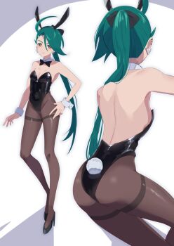 1girl ahoge androgynous ass asymmetrical_bangs black_leotard black_shoes breasts bright_pupils brown_pantyhose closed_mouth commentary_request detached_collar ear_piercing earrings green_hair high_heels highleg highleg_leotard jewelry leotard long_hair median_furrow nintendo pantyhose piercing playboy_bunny pokemon pokemon_sv ponytail red_eyes reverse_trap rika_(pokemon) riki_(inushima_) shoes small_breasts triangle_earrings white_pupils wrist_cuffs