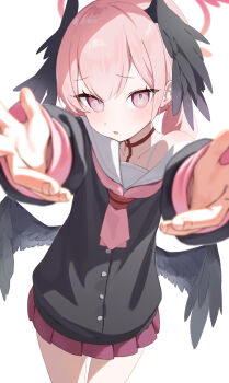 1girl absurdres bamyamsj black_choker black_shirt black_wings blue_archive blurry blush buttons choker collarbone commentary cowboy_shot depth_of_field feathered_wings hair_between_eyes halo head_wings highres incoming_hug koharu_(blue_archive) long_hair long_sleeves looking_at_viewer low_wings miniskirt neckerchief no_headwear open_mouth outstretched_arms pink_eyes pink_hair pink_halo pink_neckerchief pink_skirt pleated_skirt sailor_collar school_uniform serafuku shirt simple_background single_bare_shoulder skirt solo tsurime twintails white_background white_sailor_collar wings