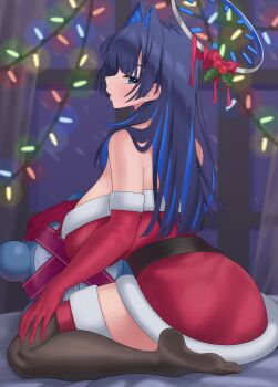 1girl absurdres alternate_costume black_thighhighs blue_eyes blue_hair breasts colored_inner_hair commentary dress english_commentary fur-trimmed_dress fur_trim graynacht hair_intakes halo highres hololive hololive_english large_breasts multicolored_hair open_mouth ouro_kronii red_dress santa_costume santa_dress sidelocks solo thighhighs virtual_youtuber