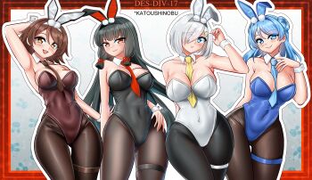 Rule 34 | 4girls, absurdres, alternate costume, animal ear hairband, animal ears, bare shoulders, black hair, black leotard, black pantyhose, blue eyes, blue hair, blue leotard, blue necktie, blush, bow, bowtie, breasts, brown leotard, cleavage, covered navel, cowboy shot, dated, detached collar, donut hair bun, double bun, eyes visible through hair, fake animal ears, grey hair, hair bun, hair ornament, hair over one eye, hair ribbon, hairband, hairclip, hamakaze (kancolle), highleg, highleg leotard, highres, isokaze (kancolle), kantai collection, katou shinobu, large breasts, legband, leotard, long hair, looking at viewer, medium breasts, multicolored hair, multiple girls, necktie, one-hour drawing challenge, pantyhose, playboy bunny, rabbit ear hairband, rabbit ears, red eyes, red necktie, ribbon, short hair, smile, strapless, strapless leotard, tanikaze (kancolle), thigh strap, twitter username, two-tone hair, urakaze (kancolle), white leotard, white wrist cuffs, wrist cuffs, yellow necktie