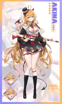 Rule 34 | 1girl, absurdres, ahoge, assault rifle, black boots, black jacket, black skirt, blonde hair, blue eyes, blush, boots, breasts, cleavage, collared shirt, crop top, daewoo k2, demon horns, demon tail, detached wings, full body, grin, gun, hat, hibiwa, highres, holding, holding gun, holding weapon, horns, jacket, knee boots, lace-up boots, lace trim, large breasts, long hair, long sleeves, looking at viewer, midriff, mini wings, miniskirt, multiple expressions, necktie, nose blush, off shoulder, open clothes, open jacket, original, pleated skirt, red necktie, rifle, shirt, short necktie, single wing, skindentation, skirt, smile, solo, standing, tail, thigh strap, thighs, top hat, very long hair, weapon, white shirt, wings, zoom layer