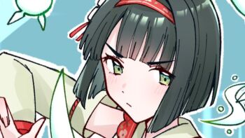 Rule 34 | 1girl, :/, black hair, blue background, blunt bangs, blunt ends, bob cut, closed mouth, commentary request, detached sleeves, fairy, green eyes, hasunosora fantasy, link! like! love live!, long sleeves, looking at viewer, love live!, momose ginko, nontraditional miko, portrait, short hair, solo, virtual youtuber, zangemiya