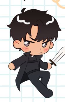 1boy black_coat black_eyes black_hair black_shirt chibi chibi_only coat curtained_hair dokjasepilogue full_body holding holding_sword holding_weapon looking_to_the_side male_focus omniscient_reader&#039;s_viewpoint open_clothes open_coat outstretched_arm serious shirt short_hair solo standing standing_on_one_leg sword weapon yoo_joonghyuk