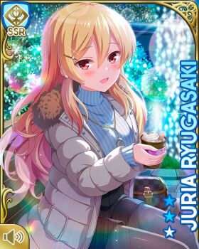 1girl :d black_shorts blonde_hair card_(medium) character_name coat girlfriend_(kari) grey_leggings jewelry leggings night official_art open_mouth outdoors qp:flapper red_eyes ryugasaki_juria shorts sitting smile sweater tagme white_coat white_sweater winter winter_clothes