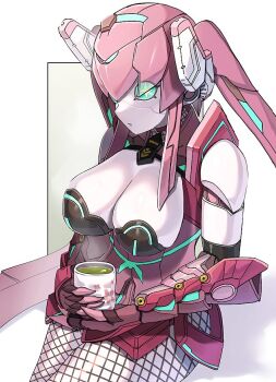 1girl bare_shoulders breasts colored_skin cowboy_shot fishnet_pantyhose fishnets green_eyes grey_skin hakidashi_11 headgear large_breasts pantyhose phantasy_star phantasy_star_online_2 pink_hair robot_girl simple_background solo twintails