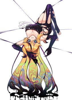 1girl absurdres ahoge arielle_(vtuber) black_hair blonde_hair blue_eyes breasts claws cleavage eclaerisu gloves highres indie_virtual_youtuber large_breasts legs liquid_clothes liquid_hair long_hair looking_at_viewer lying makeup multicolored_hair on_back rainbow_hair runny_makeup thighs toes virtual_youtuber white_background