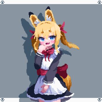 1girl animal_ears animated animated_gif apron birdman46049238 blonde_hair blue_eyes blush_stickers dancing fang fox_ears fox_girl looping_animation maid maid_apron nail_polish original pixel_art simple_background skin_fang solo twintails