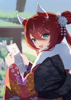 Rule 34 | 1girl, absurdres, animal ears, back bow, black bow, bow, commentary request, doyagao, ear covers, green eyes, hair bun, hair ornament, hairpin, highres, horse ears, horse girl, japanese clothes, kimono, mugi mg317, omikuji, ponytail, red hair, red kimono, smug, sparkle, umamusume, win variation (umamusume)