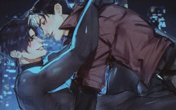 2boys :p arms_around_neck batman_(series) black_bodysuit black_hair black_pants bodysuit building city_lights closed_mouth colored_bangs commentary dc_comics dick_grayson eye_contact face-to-face from_side grin hashtag-only_commentary highres inseki jacket jason_todd long_sleeves looking_at_another lying male_focus multicolored_hair multiple_boys night nightwing on_back pants popped_collar profile red_hood_(dc) red_jacket short_hair sky skyscraper smile superhero_costume symbol-only_commentary tomorrow_echo tongue tongue_out turtleneck turtleneck_bodysuit two-tone_hair very_short_hair white_hair yaoi yukadon