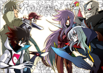 6+boys 6+girls akira-riku akoes bald black_bodysuit blue_eyes bodysuit braiking_boss casshern casshern_(series) casshern_sins closed_mouth coat colored_sclera cowboy_shot dio_(casshern_sins) dog friender green_pants grey_coat grey_hair grin hair_between_eyes hair_over_one_eye helmet holding holding_wrench janice_(casshern_sins) jin_(casshern_sins) kouzuki_luna leda_(casshern_sins) lizabell long_bangs long_hair looking_at_another looking_at_viewer lyuze margo multiple_boys multiple_girls oji_(casshern_sins) one_eye_closed open_mouth pants pink_hair popped_collar purple_hair red_bodysuit red_sclera ringo_(casshern_sins) shirt sleeveless sleeveless_shirt smile sophita spiked_hair upper_body very_long_hair white_background white_bodysuit white_shirt wrench