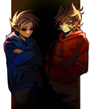 2boys animification antenna_hair bandage_on_cheek blue_hoodie brown_hair bxbytore commentary cowboy_shot crossed_arms drawstring ear_piercing eddsworld flipped_hair grey_eyes hair_behind_ear hair_ears hands_in_pockets hashtag-only_commentary hollow_eyes hood hood_down hoodie jitome long_sleeves looking_at_viewer male_focus multiple_boys pants piercing pillarboxed red_hoodie short_hair smile spiked_hair standing tan tom_(eddsworld) tord_(eddsworld)