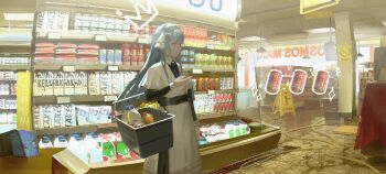 1girl absurdres afterforever blue_eyes blue_hair collared_shirt commentary floor hairband highres hose indoors layered_sleeves long_hair long_sleeves original shirt shopping_basket short_over_long_sleeves short_sleeves skirt solo supermarket symbol-only_commentary white_hairband white_skirt