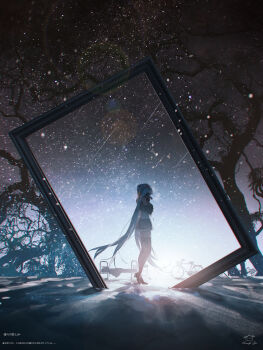 aqua_hair artist_name backlighting bed bicycle boots commentary copyright_name from_side hatsune_miku highres hoshiboshi_no_kanashimi_(vocaloid) long_hair night outdoors oversized_object picture_frame signature sky spencer_sais standing star_(sky) starry_sky thigh_boots tree twintails very_long_hair vocaloid
