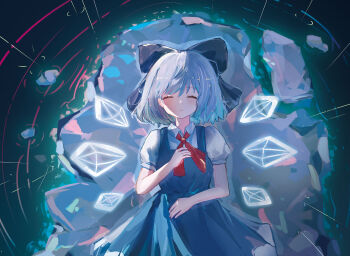 1girl absurdres artist_request blue_bow blue_hair bow chinese_commentary cirno closed_eyes collared_shirt commentary_request dress facing_viewer hair_bow hand_on_own_chest highres ice ice_wings parted_lips pinafore_dress puffy_short_sleeves puffy_sleeves shirt short_hair short_sleeves sleeveless sleeveless_dress solo touhou upper_body white_dress white_shirt wings