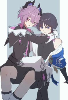 Rule 34 | 2boys, aegyo sal, aqua gemstone, aqua kimono, arm at side, armor, black bodysuit, black boots, black bridal gauntlets, black coat, black collar, black shorts, black sleeves, blue cape, blunt ends, bodysuit, boots, border, bridal gauntlets, bright pupils, cape, closed mouth, coat, collar, commentary request, crossed bangs, dragon boy, dragon horns, eyeliner, eyeshadow, feathers, gem, genshin impact, gloves, grey background, grey hair, hair between eyes, hair intakes, hand on another's nape, hanyohanyo, highres, horns, japanese armor, japanese clothes, juban, kimono, knee boots, kote, kurokote, long sleeves, looking at viewer, makeup, mini durin (genshin impact), mini durin (human) (genshin impact), multiple boys, open clothes, open coat, open kimono, open mouth, pants, pectorals, pillarboxed, pink eyes, pink hair, pom pom (clothes), purple eyes, purple horns, red eyeliner, red eyeshadow, scaramouche (genshin impact), shorts, shoulder peek, single bare shoulder, single off shoulder, sitting, sitting on lap, sitting on person, star-shaped pupils, star (symbol), symbol-shaped pupils, tsurime, twitter username, two-sided horns, wanderer (genshin impact), white border, white gloves, white kimono, white pants, white pupils, white trim, wing ornament, wispy bangs, yellow feathers