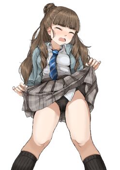 1girl absurdres black_panties black_socks blunt_bangs blush brown_hair closing_eyes clothes_lift commentary curly_hair gatsby_ssl grey_skirt hair_bun highres idolmaster idolmaster_cinderella_girls kamiya_nao kneehighs lifting_own_clothes long_hair necktie panties plaid_clothes plaid_skirt school_uniform shirt shouting shy skirt skirt_lift socks solo thighs underwear wavy_hair white_background white_shirt