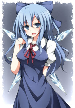 1girl alternate_hair_length alternate_hairstyle blue_bow blue_dress blue_eyes blue_hair border bow breasts cirno collared_shirt cowboy_shot creta_(taku10) dress grey_background hair_bow hand_up ice ice_wings long_hair medium_breasts neck_ribbon open_mouth pinafore_dress puffy_short_sleeves puffy_sleeves red_ribbon ribbon shirt short_sleeves sleeveless sleeveless_dress smile solo standing touhou white_border wings
