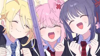 1girl 2boys ^_^ ahoge black_jacket blonde_hair blue_necktie cherry_blossoms clenched_hand clenched_hands closed_eyes closed_mouth collared_jacket collared_shirt crossdressing crossdressing_(mtf) derivative_work dot_nose eyelashes flower fujisaki_nadeshiko hair_between_eyes hair_flower hair_ornament hair_ribbon high_ponytail hinamori_amu hotori_tadase jacket laughing multiple_boys necktie nervous_smile one_side_up open_clothes open_jacket open_mouth pink_flower pink_hair plaid_clothes plaid_necktie pole ponytail purple_hair red_necktie red_ribbon ribbon school_uniform screenshot_redraw seiyo_academy_school_uniform serizawa_serizane shirt short_hair shugo_chara! smile sweat sweatdrop swept_bangs trap twitter_username unmoving_pattern upper_body vest watermark white_shirt white_vest x_hair_ornament yellow_background