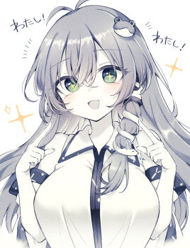 +_+ 1girl breasts commentary_request detached_sleeves frog_hair_ornament green_eyes hair_between_eyes hair_ornament hair_tubes highres kochiya_sanae large_breasts long_hair open_mouth pointing pointing_at_self single_hair_tube smile snake_hair_ornament solo tama_(soon32281) touhou translation_request upper_body