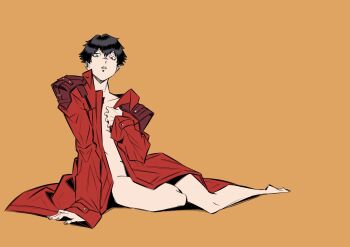 1girl black_hair borrowed_clothes coat commentary_request completely_nude devil_may_cry_(netflix) devil_may_cry_(series) heterochromia highres korean_commentary lady_(devil_may_cry) mun_g_s no_shirt nude red_coat scar scar_on_face scar_on_nose solo