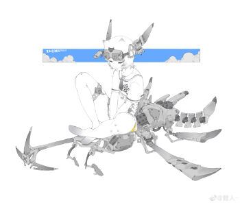 1girl barefoot between_legs closed_eyes closed_mouth crop_top cropped_shirt cyborg dated facing_down full_body hand_between_legs head_down headgear highres indian_style jewelry liren44 machine mechanical_legs mechanical_spine metal miniskirt monochrome original pleated_skirt sailor_collar science_fiction shirt short_hair short_sleeves sitting skirt sleeping sleeping_upright solo spot_color thighlet watermark weibo_watermark