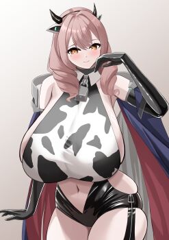 1girl absurdres animal_ears animal_print azur_lane bell blush breasts brown_hair commentary_request cow_ears cow_horns cow_print cowbell cowpens_(azur_lane) drill_hair elbow_gloves gloves guromari12 highres horns huge_breasts looking_at_viewer medium_hair mole mole_under_eye navel open_mouth smile solo thighhighs