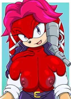 1girl 2023 breasts furry furry_female gloves grabbing_another's_breast groping highres large_breasts lien-da looking_at_viewer nipples open_clothes open_shirt pov red_fur solo_focus sonic_(series) sonic_the_hedgehog_(archie_comics) sonicguru