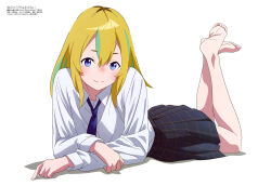 Rule 34 | 1girl, absurdres, barefoot, black skirt, blonde hair, blue eyes, blue necktie, blush, collared shirt, feet, feet up, green hair, hair between eyes, highres, long sleeves, looking at viewer, lying, magazine scan, megami magazine, multicolored hair, necktie, official art, on stomach, pleated skirt, scan, shirt, simple background, skirt, smile, soles, solo, streaked hair, the pose, toes, two-tone hair, white background, white shirt, yamanouchi kano, yoru no kurage wa oyogenai